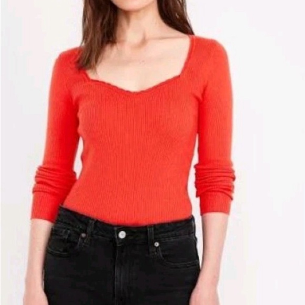 Old Navy Bright Red Ribbed Sweater with Sweetheart Neckline